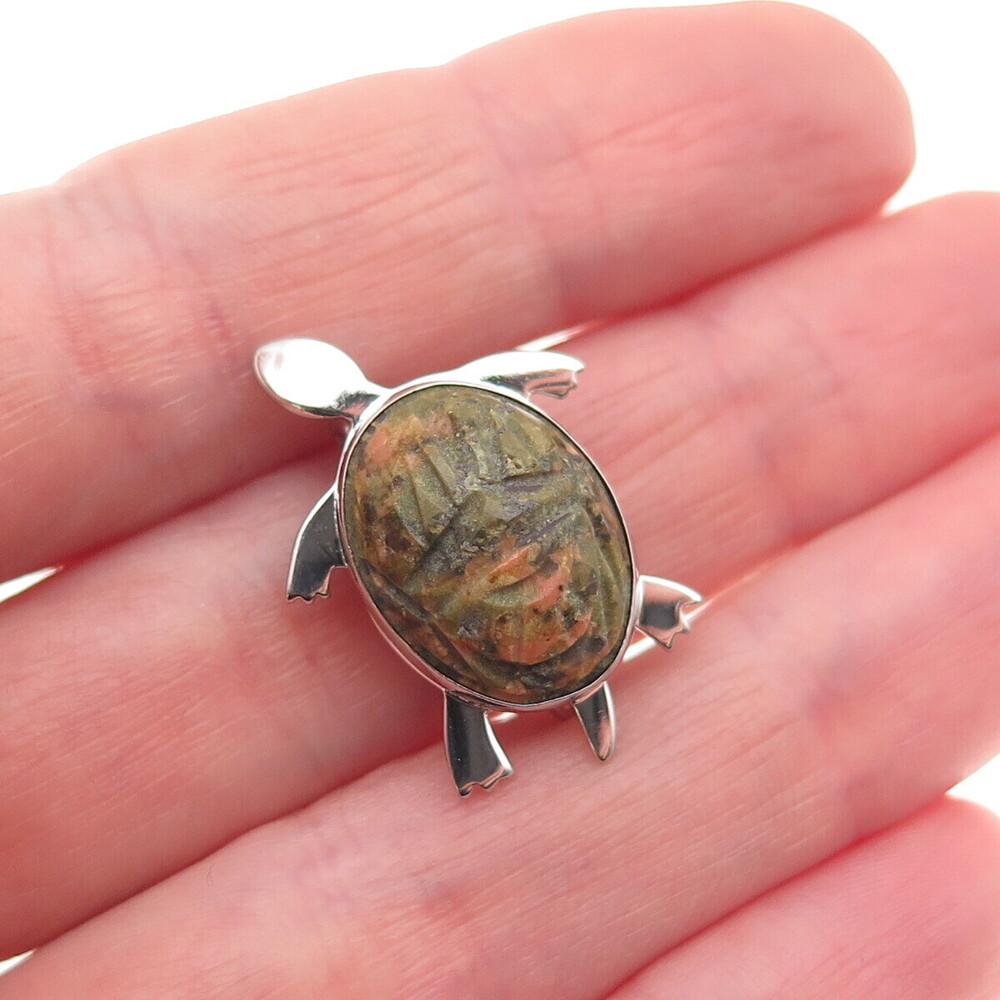McGrath Hamin 925 Sterling Silver Vintage Real Unakite Turtle Pin Brooch